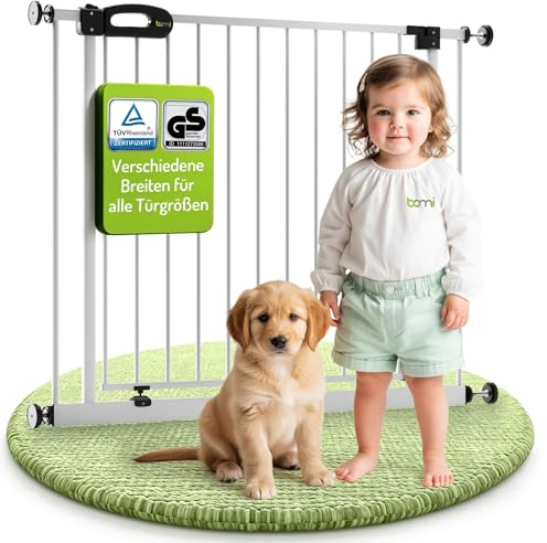 BOMI TÜV GS Siegel Kindertreppen Gitter XXL Merle | Ohne Bohren | Schließt automatisch | Treppenschutzgitter zum Klemmen in Weiß | Kindergitter treppe ohne Bohren aus Metall | Breite: 193-201 cm