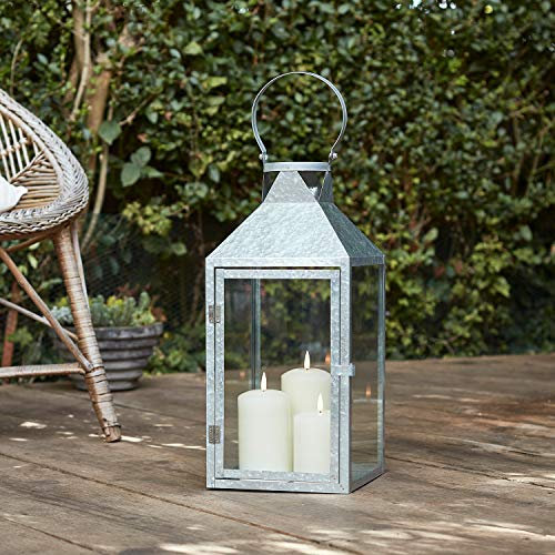Lights4fun Large Silver Metal Battery Operated Fully Waterproof Outdoor Garden LED TruGlow® Candle Lantern for Indoor Outdoor Use 45cm