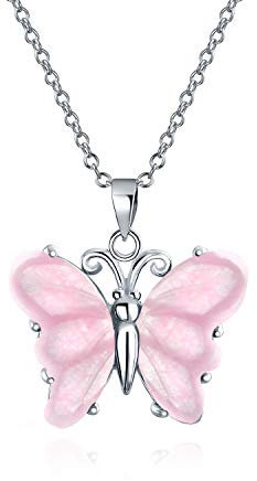 Bling Jewelry Collana con ciondolo a farfalla da giardino in quarzo rosa chiaro intagliato a mano traslucido per donne e adolescenti in argento sterling .925 con catena