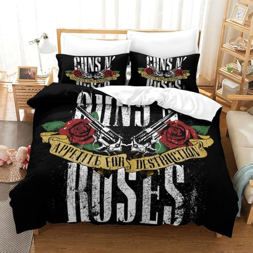 Gun And Rose Duvet Cover Set, 3D Print Heavy Metal Bedding Duvet Set with Pillowcases Soft Microfiber Comforter Easy Care with Zipper Quilt Cover 3 Pieces for Teens And Adults Double(200x200cm)