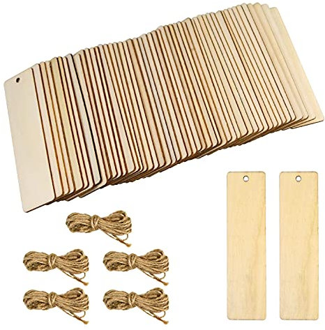 50 STK Lesezeichen, 12cm Hölzernes Lesezeichen, Hängende Blanko Lesezeichen mit 50 Stück Seil, rechteckige Holzanhänger für Bücher, DIY Weihnachtshandwerk, Männer, Frauen, Mädchen und Jungen