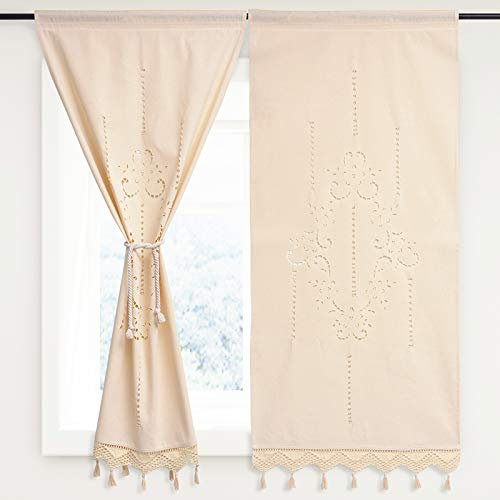 DOKOT Cortina de Cocina Bordada de Algodón Beige, Cortina de café, Cortina de Comedor con Borla de Crochet Beige 70 x 150 cm (2 Paneles)