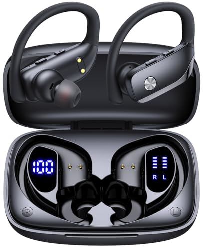 Wireless Earbuds Bluetooth Headphones Over Ear Hooks Ear Buds with 80H Playtime, LED Power Display, Dual Mic Clear Calls, Sports Wireless Ear Buds Bluetooth Earbuds for Running Gym Workout (Black)