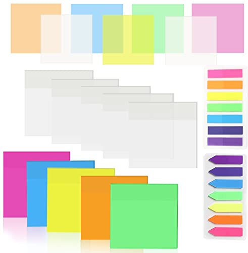 XIMUHO 780pcs Transparent Sticky Notes, 12 Pads Clear Sticky Notes and Page Flags Set, Colored Self Adhesive See Through for School Office