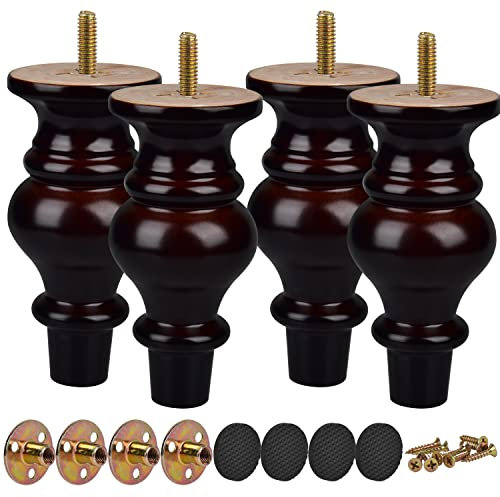 TCHOSUZ 6 inch / 14cm Wooden Furniture Legs, Pack of 4 Classic Walnut Solid Wood Turned DIY Replacement Bun Feet with M8 Hanger Bolts & T-Nuts for Sofa Couch Cabinet Ottoman Bed Riser