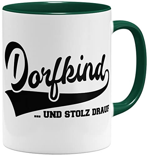 OM3® Dorfkind Tasse und stolz Drauf - mit Spruch - Statement - Keramik Becher - 325ml - Beidseitig Bedruckt - Grün
