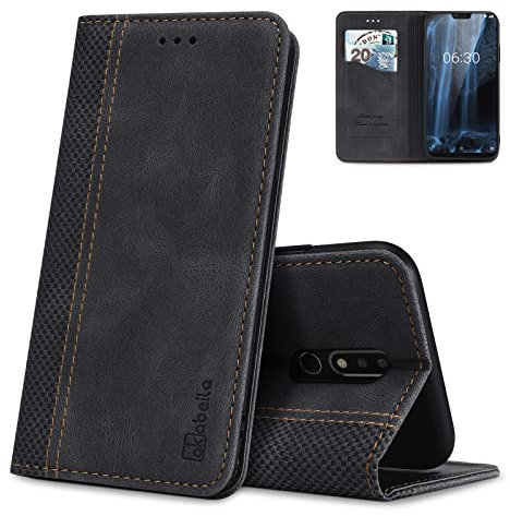 AKABEILA Schutzhülle für Nokia 2.3 Premium Leder Flip Wallet Case mit Magnetverschluss Kickstand Kartenfächer Folio Handyhülle Cover Stoßfest Schwarz