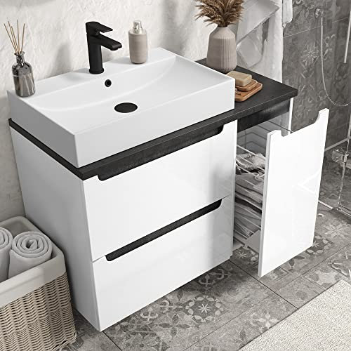 Lomadox Badmöbel Waschtisch Set mit 60cm Keramik-Waschbecken, Hochglanz weiß, 2 Softclose-Schubkästen, Unterschrank mit Wäschkorbauszug, B/H/T 90/76,5/46 cm
