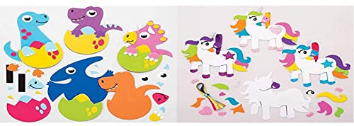 Baker Ross Dinosaurier-Ei-Magnet-Bastelsets, für Kinder-Kunsthandwerksprojekte (8 Stück) & AT310 Einhorn Mix & Match Dekorationsset (6 Stück) – ideal für Kinder und Bastelarbeiten, Sortiert
