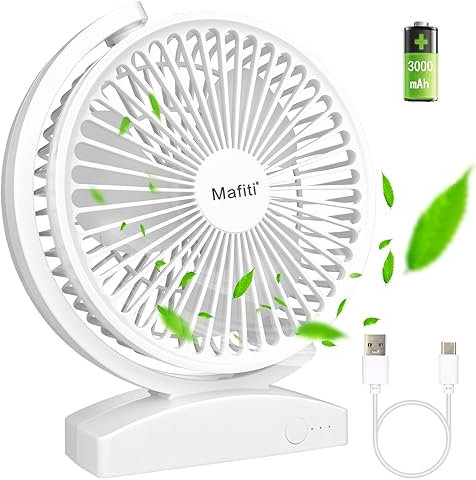 mafiti USB Desk Fan Rechargeable Cordless 6.6 Inch Portable Adjustable Speed Fan for Bedroom and Office Cooling Compact, Lightweight Table Fans for Personal Use and Travel,White