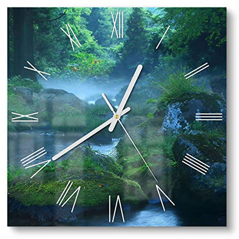 DEQORI Glasuhr | 30x30 cm | Motiv Wasserquelle im Wald | ausgefallene leise Design Uhr aus Glas | Wanduhr für Wohnzimmer & Küche | Moderne Hingucker Uhr für die Wand
