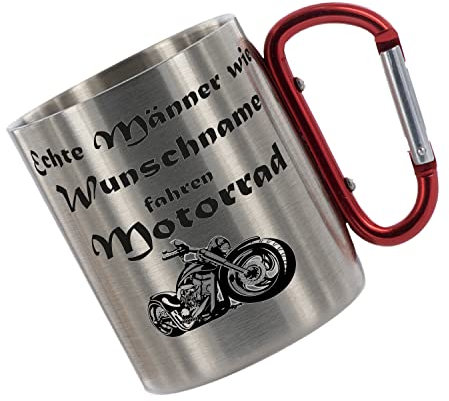 Crealuxe Edelstahltasse mit Karabiner - Echte Männer wie Wunschname fahren Motorrad - 330ml, Tasse bedruckt, Kaffeetasse, Bürotasse, Metalltasse mit Name
