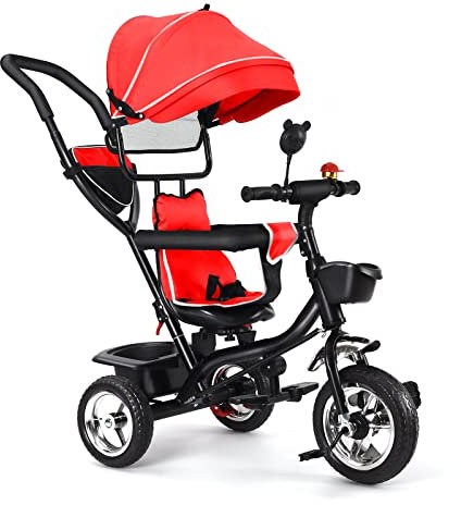 Drumm Dreirad 4 in 1, Dreirad für Kinder, skalierbar, Kinderwagen Dreirad mit Pedal, und Sonnenblende, faltbar, abnehmbar, verstellbarer Gehstock, neigbare Rückenlehne, leise Räder, Rot