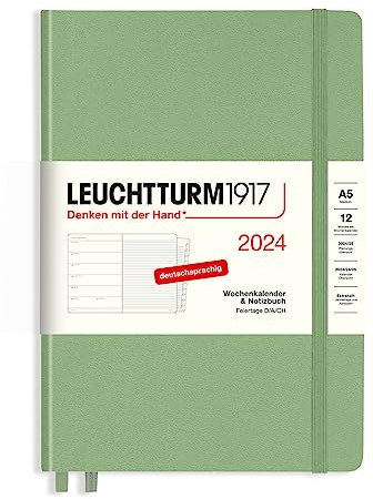 LEUCHTTURM1917 367718 Wochenkalender & Notizbuch Medium (A5) 2024, mit Extraheft für Adressen und Jahrestage, Salbei, Deutsch, 12 Monate