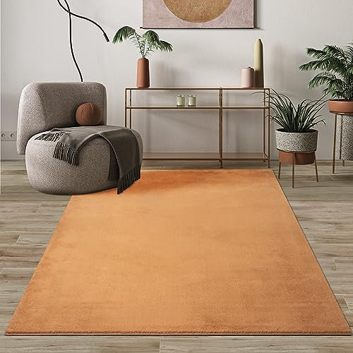 Mia's Teppiche Comfort Moderner Flauschiger Kurzflor Teppich, Anti-Rutsch Unterseite, Waschbar bis 30 Grad, Super Soft, Felloptik, Terra, 80 x 150 cm