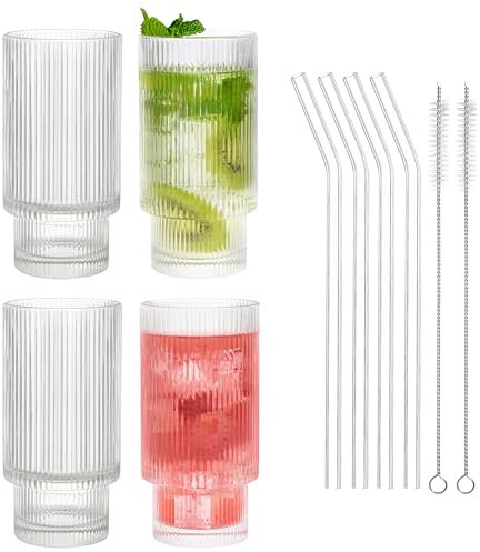 Winter Shore 300 ml Latte Macchiato Gläser Geriffelt Set (4er-Pack) - Stapelbare Cocktail Gläser mit Glas Strohhalm & Strohhalm Reinigungsbürste - BPA-Freie Longdrinkgläser für Saft, Bier & Eiskaffee