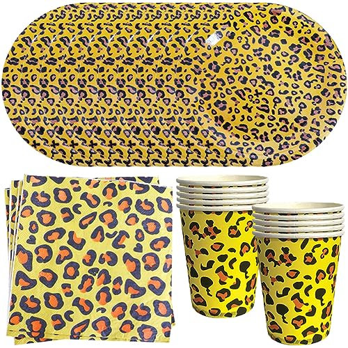 MEZHEN Stoviglie per Feste Leopardato Set di Stoviglie per Feste di Compleanno Leopardata Stoviglie per Feste di Compleanno per Bambini Piatti Tazze Tovaglioli 10 Ospits