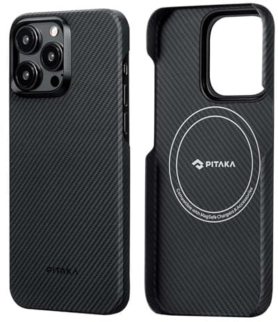 PITAKA MagEZ Case 4: Ultra Slim Aramid Fibre Protective Case for iPhone 15 Pro with MagSafe Compatibility and Camera Protector - Carbon Look, Black/Grey (600D)