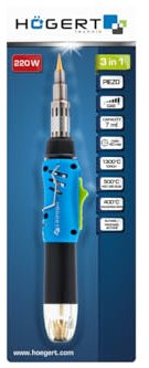 HÖGERT TECHNIK Saldatore a gas 3 in 1, 220 W, accensione piezoelettrica, saldatore (400 °C), bruciatore (1300 °C), senge (550 °C), butano propano, compatto, ergonomico, 40 minuti