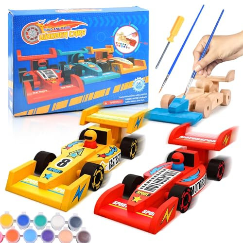 Qooloo 3 Stück Rennauto Bausatz Holz, Holz Bastelset Kinder Auto, Kinder Autos Bastelset zum Bemalen, Kreativ DIY Handwerk Basteln Spielzeug Geschenk für Jungen und Mädchen ab 5 6 7 8 9 10 Jahre
