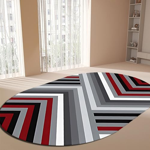 Rug-QJDDUP Teppich Oval,Red,140 x 190 cm,Schwarz-Grau-Weiß-Rot-Streifenmuster Modern, Kurzflorteppich Esszimmer Wohnzimmer Schlafzimmer Kinderzimmer,