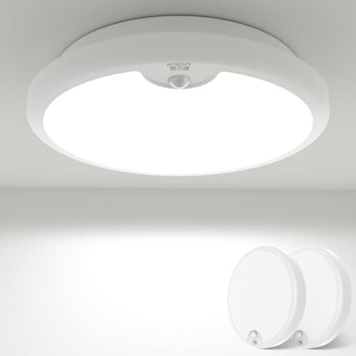Peasur 2 Pack Motion Sensor LED Ceiling Light Battery Operated, 6000K 300LM, Ø18cm White Bath Ceiling Lights, Wireless for Loft, Garage, Shed