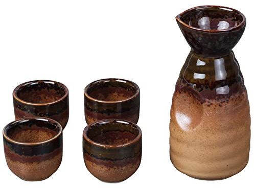 BOGDTF Juego de Sake de 5 Piezas, Juego de Tazas de Sake de Cerámica Retro Tradicional de Japón, con 1 Recipiente para Sake y 4 Tazas de Sake, Diseño Elegante, Familiares y Ami