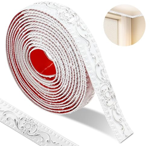 600*3.6cm Wallpaper Borders Self-Adhesive,3d Vintage Pattern Coving For Ceilings, Flexible Moulding Trim Waterproof, Peel And Stick Wall Border For Mirror Frame， Home Decoration（White-Silver Pattern）