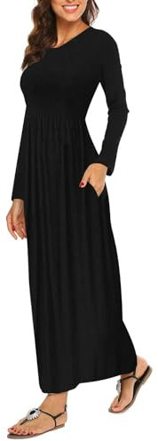 BDTECAOR Maxikleid Damen Langarm Rundhals Schwarz Lange Kleid Mit Tasche M