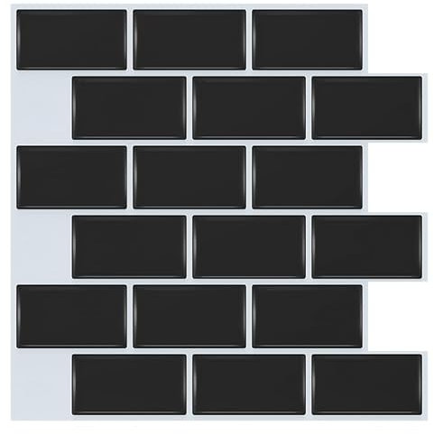 Aufun 3D Fliesenaufkleber 30cm x 30cm,10 Stück Küche Bad Metro Fliesen PVC Klebefliesen Mit Glänzend, Selbstklebendes Wasserdichtes, Wandfliesen Dekor (Schwarz)