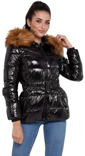 LOVE SUNSHINE Shiny Black Belted Puffer Coat with Faux Fur hood Black / 8