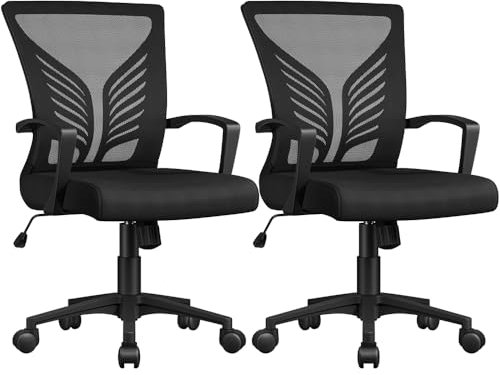 Yaheetech Bürostuhl Ergonomisch Schreibtischstuhl mit Schaukelfunktion Drehstuhl mit Gepolstertem Sitzkissen Chefsessel Höhenverstellbar fürs Arbeitszimmer/Büro, Schwarz/2pcs