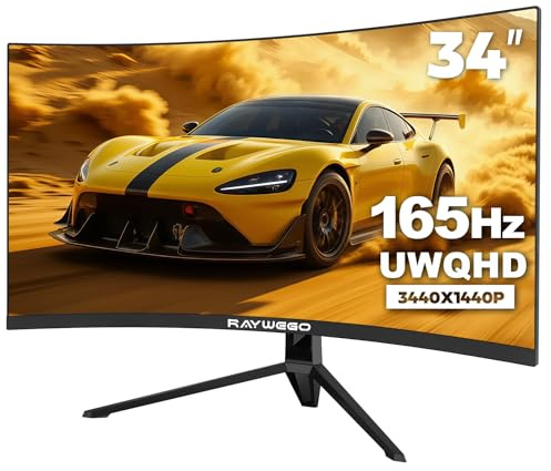 Raywego 34 Zoll Ultrawide Curved Computer Gaming Monitor 165Hz UWQHD 3440x1440,1500R -PIP,1ms (MPRT),HDR, 300nits, sRGB99%, FreeSync, HDMI2.0(TMDS) x2,DP1.4 x2,Eye Care,Support