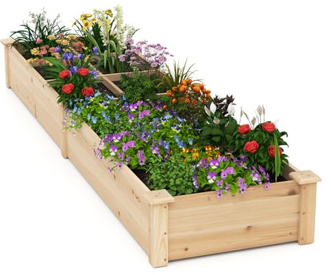 COSTWAY Lettino da Giardino Elevato in Legno con 2 Scatole per Piante e Separatori, Fioriera da Giardino Rialzato in Legno Massiccio da 228 cm per Fiori, Verdure, Frutta e Erbe