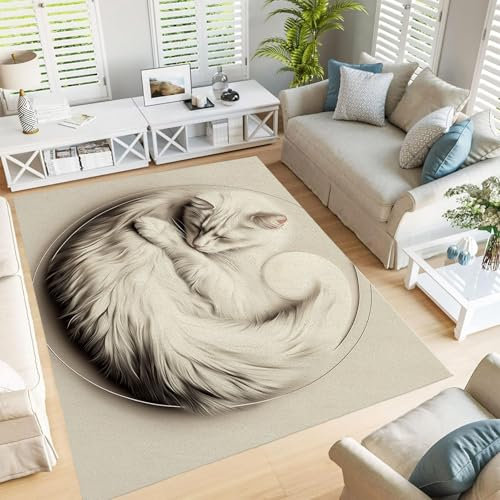 JEDTAKCT Waschbarer Geheimnisvolle Weiße Katze Teppich 120X180Cm, Modern Vintage Tiere Teppich Wohnzimmer, Teppich rutschfest Kurzflor Vintage Weich Teppich Für Schlafzimmer Esszimmer