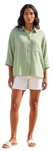 Roman Relaxed Smart Stretch Shirt for Women UK - Ladies Spring Everyday Summer Break 3/4 Length Sleeve Soft Classic Collar Comfy Lightweight Blouse Vacation Tops - Pale Green - Size 16