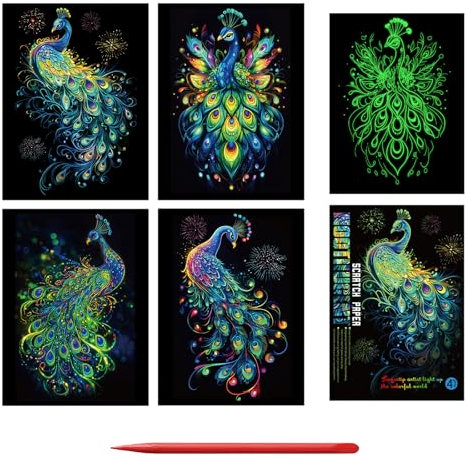 H HOMEWINS 4er-Set Nachtleuchtende Kratzbilder, Pfauenmotive, Leuchtend Scratch Art Bilder 31,5x25,2 cm inkl. Kratzstift, Kreatives Bastelset für Kinder & Erwachsene