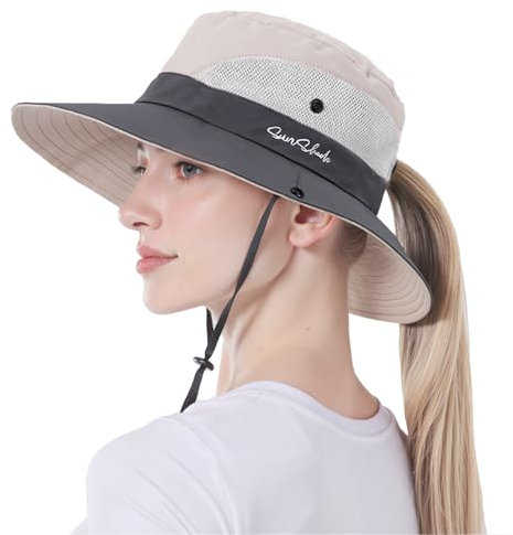 SEFIRST Mujer Sol Sombrero UV Protección Plegable ala Ancha para Pesca, Ponytail, Playa, Safari - Bucket Hat de Verano