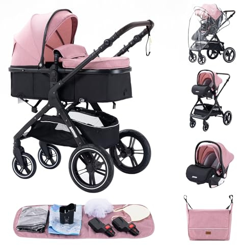 ALYIKOU kinderwagen 3 in 1 Zusammenklappbarer Kinderwagen KombiKinderwagen Aluminiumrahmen für Neugeborene Große Räder Babykorb (3 in 1 X1 Rosa)