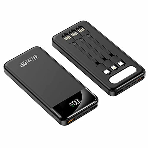 Power Bank with Built-in Cables, 20000mAh USB C Portable Charger with 5 Outputs & 2 Inputs and LED Display, External Battery Bank,Black,30000mAh