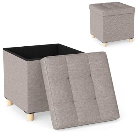 HOMASIS Faltbarer Sitzhocker mit Stauraum & gepolstertem Deckel, Fußhocker aus Leinenstoff, Aufbewahrungsbox für Schlafzimmer, Flur, Wohnzimmer, Hocker Tragkraft 150 kg, 45x45x45cm (Grau)