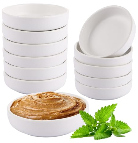 YAYODS Lot de 12 Petit Ramequin à Sauce en Céramique Ø 9 cm - Coupelle à Sauce Blanche en Porcelaine - Bol de Service pour Sushi, Dips, Tapas et Desserts - Empilable et Compatible Micro-ondes