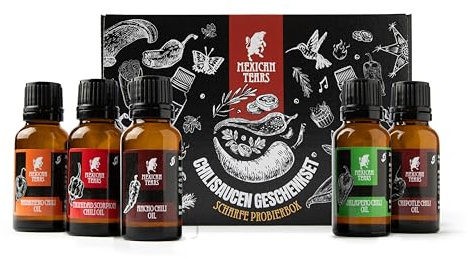 Mexican Tears Chiliöl Geschenkset – Scharfe Chili-Öle in Probierbox – Chipotle, Jalapeño, Habanero & mehr – Vegan & ohne Zusatzstoffe [5 x 20 ml]