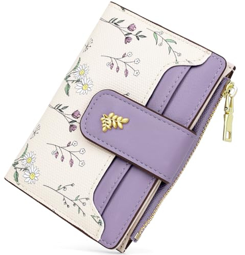 Busnos Geldbörse Damen Geldbeutel Klein Portemonnaie Damen Mini Portmonee for Women Geldbörsen Blüten in Violett mit Münzfach und Kartenfächern | Dünne Geldbeutel aus Weichem PU Leder