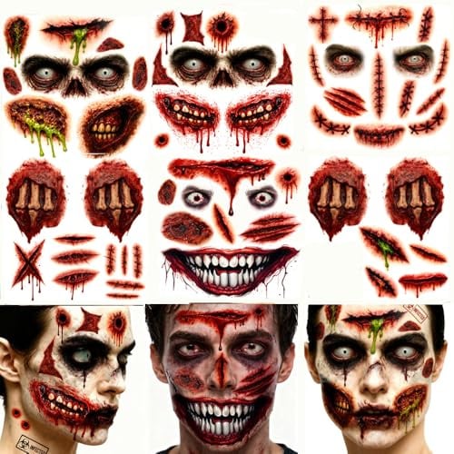 ENYACOS Halloween Tattoos Gesicht Narben Set – 4 Stück Halloween Tattoo Gesicht Zombie + 2 Stück Wunden Tattoo Realistisch – Bluttattoos Narben zum Aufkleben für Fasching & Cosplay (A)