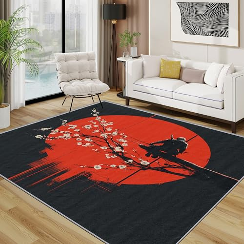 TerroVee Japanisch Teppich, Samurai Orientalisch Krieger Kleiner Teppich, Rot Schwarz Sonne Kirschblüte Waschbar Kurzflor Weich Teppiche Eingangsbereich Innen Küche, 60x90 cm, Schwarz Rot