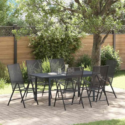 QJBSAVVA Anthrazit Gartenmöbel Set 7 TLG aus Pulverbeschichtetem Stahl für 6 Sitzplätze mit Ausziehbarem Gartentisch Modernes Design Robust und Langlebig für Balkon Terrasse und Garten