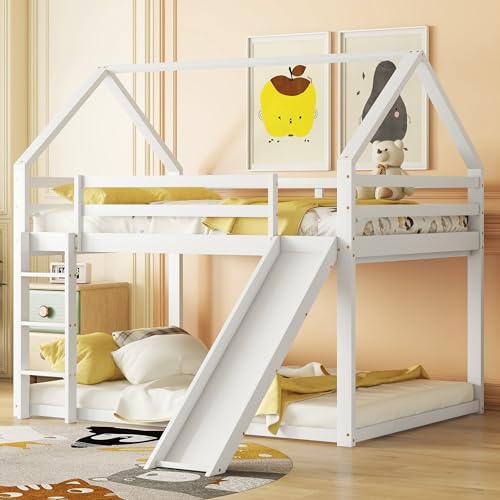 Homgoday Doppelbett Kinderbett Hausbett Etagenbett mit Rutsche und Leiter, Kinderzimmer Hoch-Doppel-Stockbett, Weiß, 140x200cm Bettgestell WX000401AAK-1