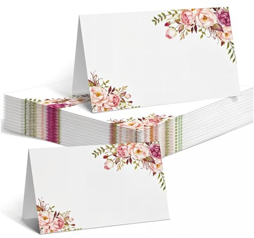Quilax 50 Stück Tischkarten Geburtstag, Tischkarten Leer Hochzeit, Namenskarten zum Beschriften, Platzkarten mit Eleganten Blumen, Wedding Tischdeko, für Hochzeit Geburtstag(9cm x 5cm)