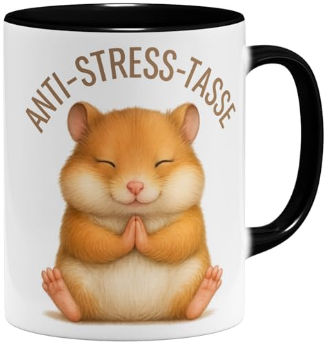 OM3® Hamster Anti-Stress Kaffee-Tasse mit Spruch - lustige Keramiktasse Namaste-Motiv - Meditationspose - Keramik Becher - 325ml - Beidseitig Bedruckt - Schwarz